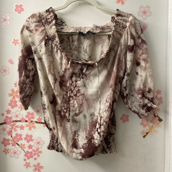 Guess Smocked Cream and Brown Top - Picture 1 of 5